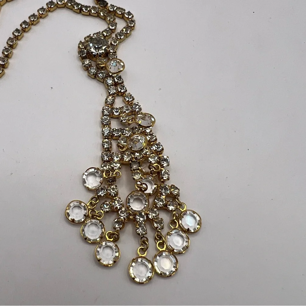 Spectacular Sparkling Crystal Dangled & Rhinestone Necklace Gold Tone Setting - Picture 7 of 8